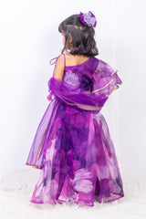 Purple Floral Print Organza Lehnga Set