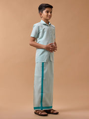 Tissue Jari Shirt Dhoti Set - Blue